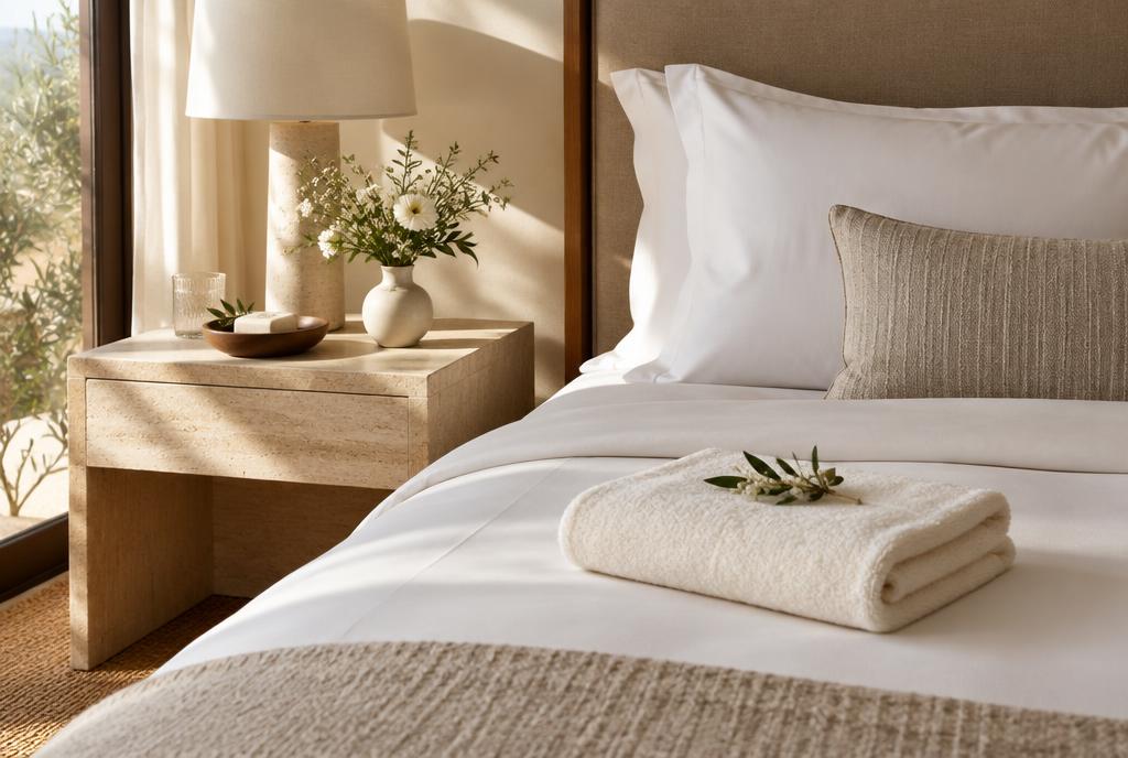 Sunlit guest room with fresh linens and flowers